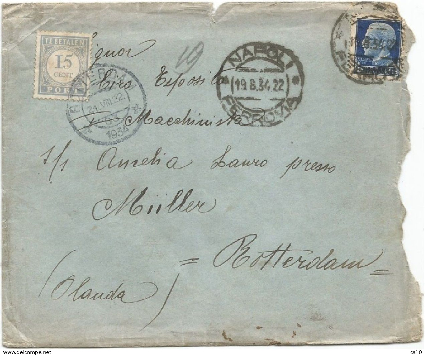 Nederland Netherland Taxe P.Due C15 Rotterdam 22aug1934 Incoming Insuff.address From Italy Naples 19jun - Portomarken