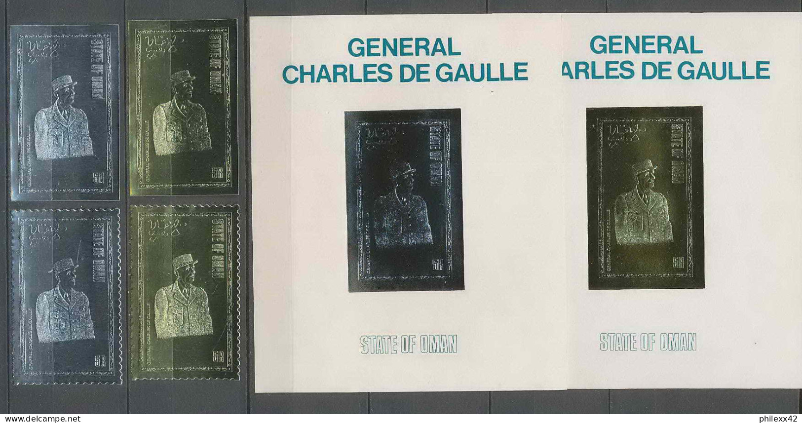 179A Charles De Gaulle Emirats 4 TIMBRES + 2 Epreuves Proof Série Complète OR (gold Stamps) + ARGENT SILVER  - Ortsausgaben