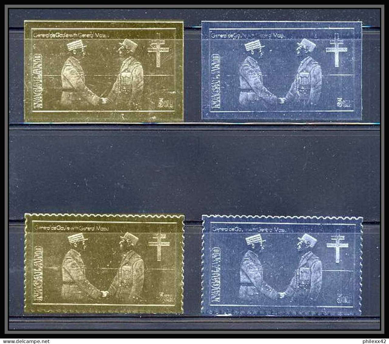 174a Charles De Gaulle - Jacques Massu - Inde (India) 4 Timbres Série Complète Argent (Silver) OR (gold Stamps)  - Emissione Locali