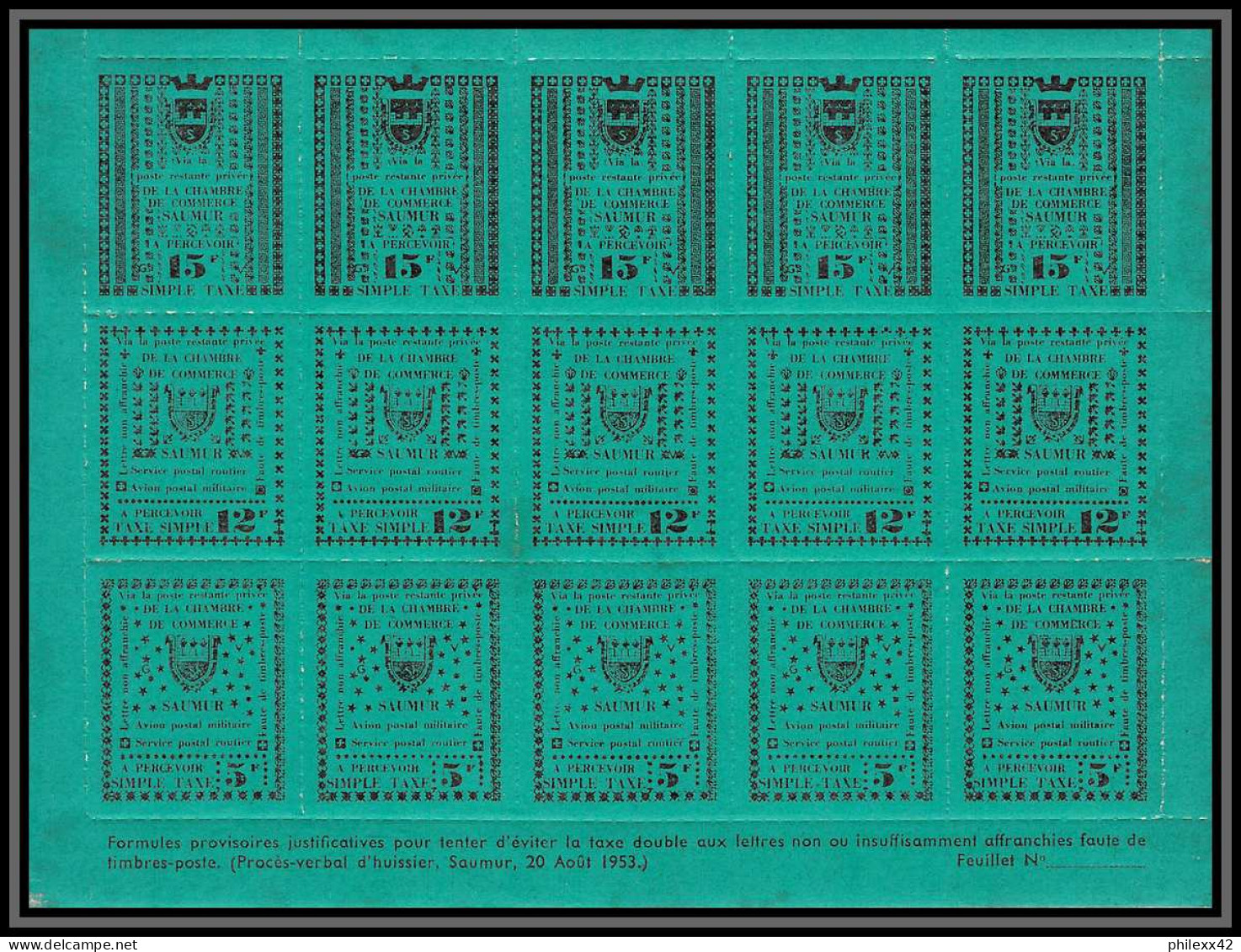 85488/ Maury N°4/6 Grève De Saumur 1953 Vert Foncé Cote 375 Euros Feuille Complete (sheet)  - Autres & Non Classés