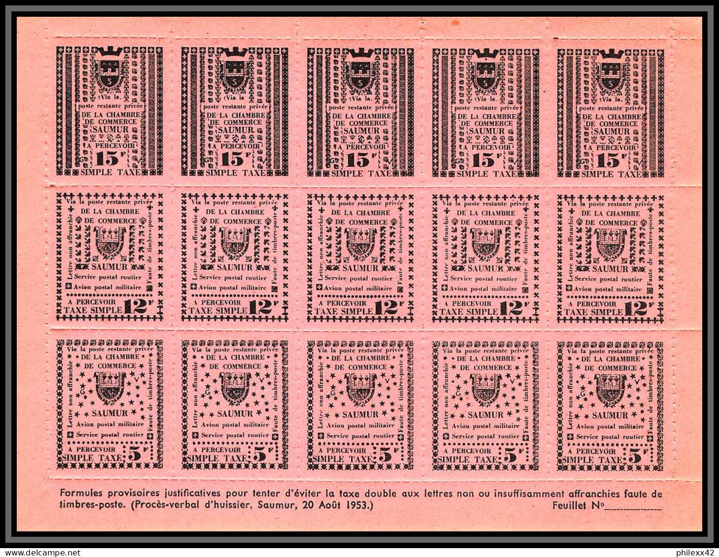 85492/ Maury N°4/6 Grève De Saumur 1953 Rose Cote 375 Euros Feuille Complete (sheet)  - Altri & Non Classificati