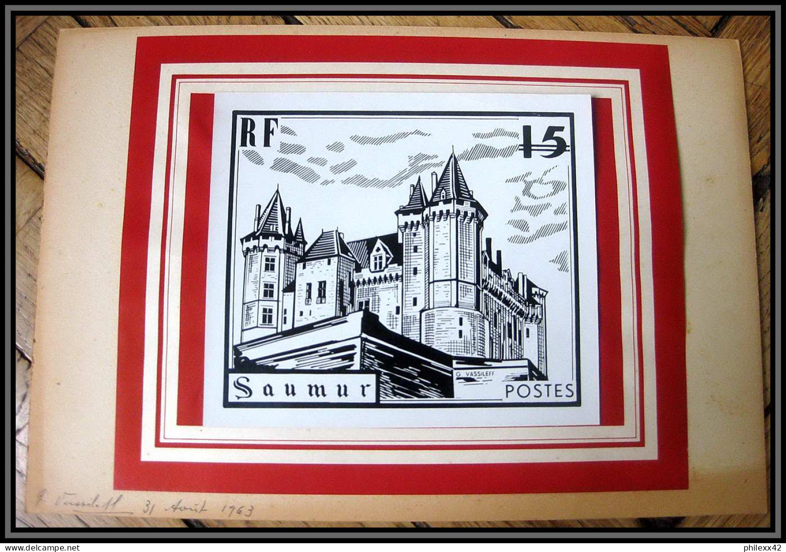 85616/ Maquette Originale Grève De Saumur 1963 Signé Vassileff Chateau Castle Par Avion 37 X 26 Cm - Sonstige & Ohne Zuordnung