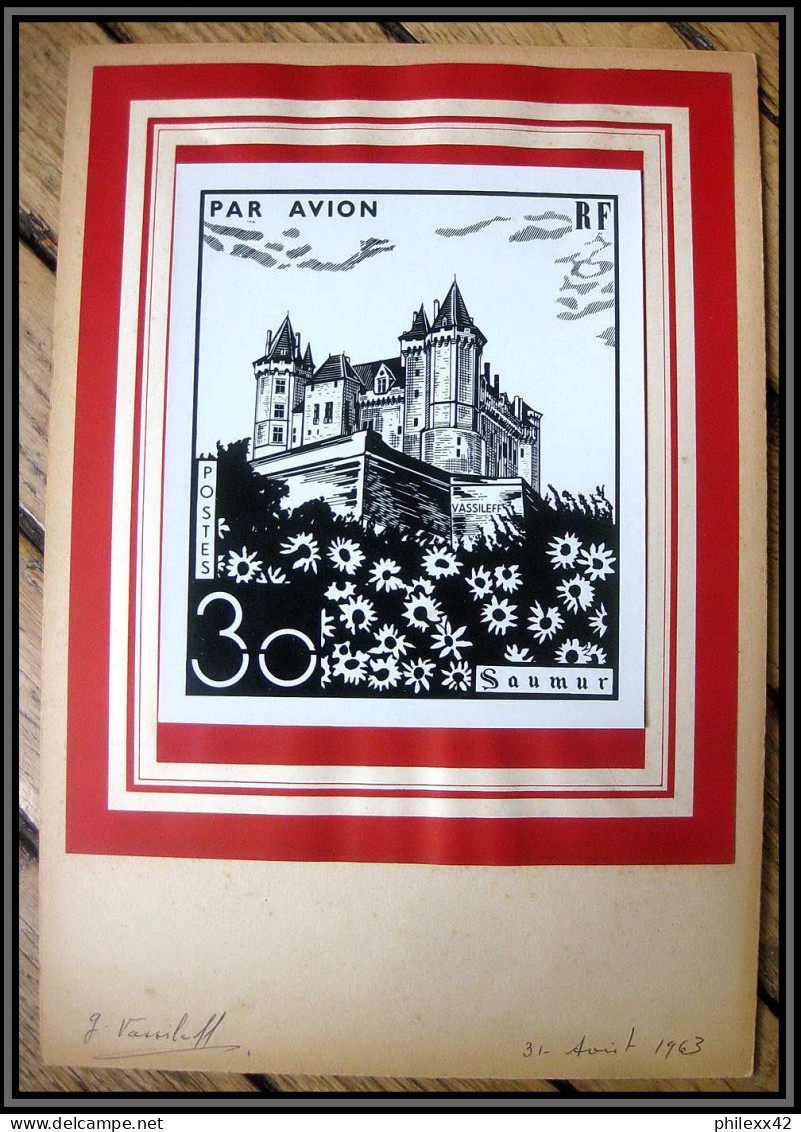 85617/ Maquette Originale Grève De Saumur 1963 Signé Vassileff Chateau Castle Par Avion 37 X 26 Cm - Artistenproeven