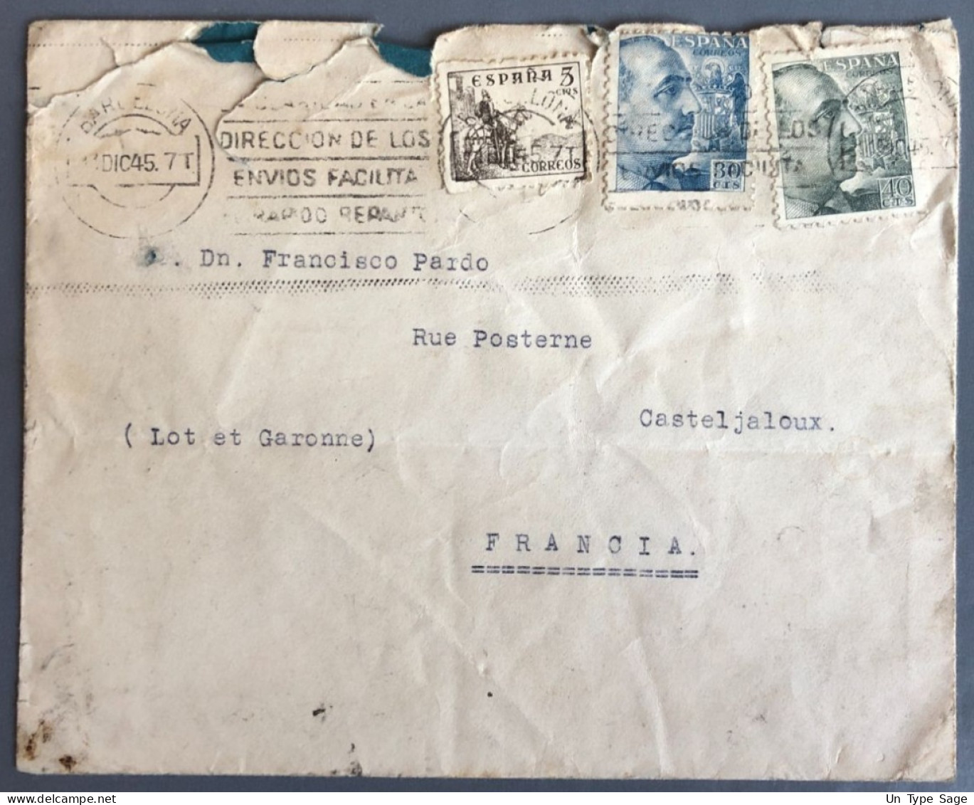 Espagne, Divers Sur Enveloppe De Barcelone 14.12.1945 Pour La France - (B2097) - Cartas & Documentos