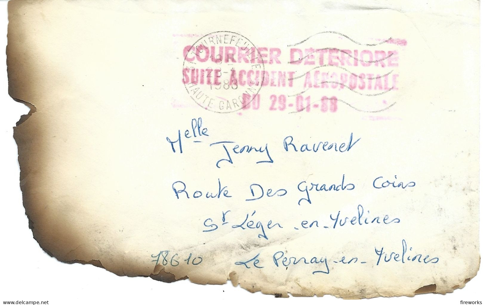 France : Courrier DETERIORE Suite à Un ACCIDENT AEROPOSTALE Le 29-01-1988 - Lettere Accidentate