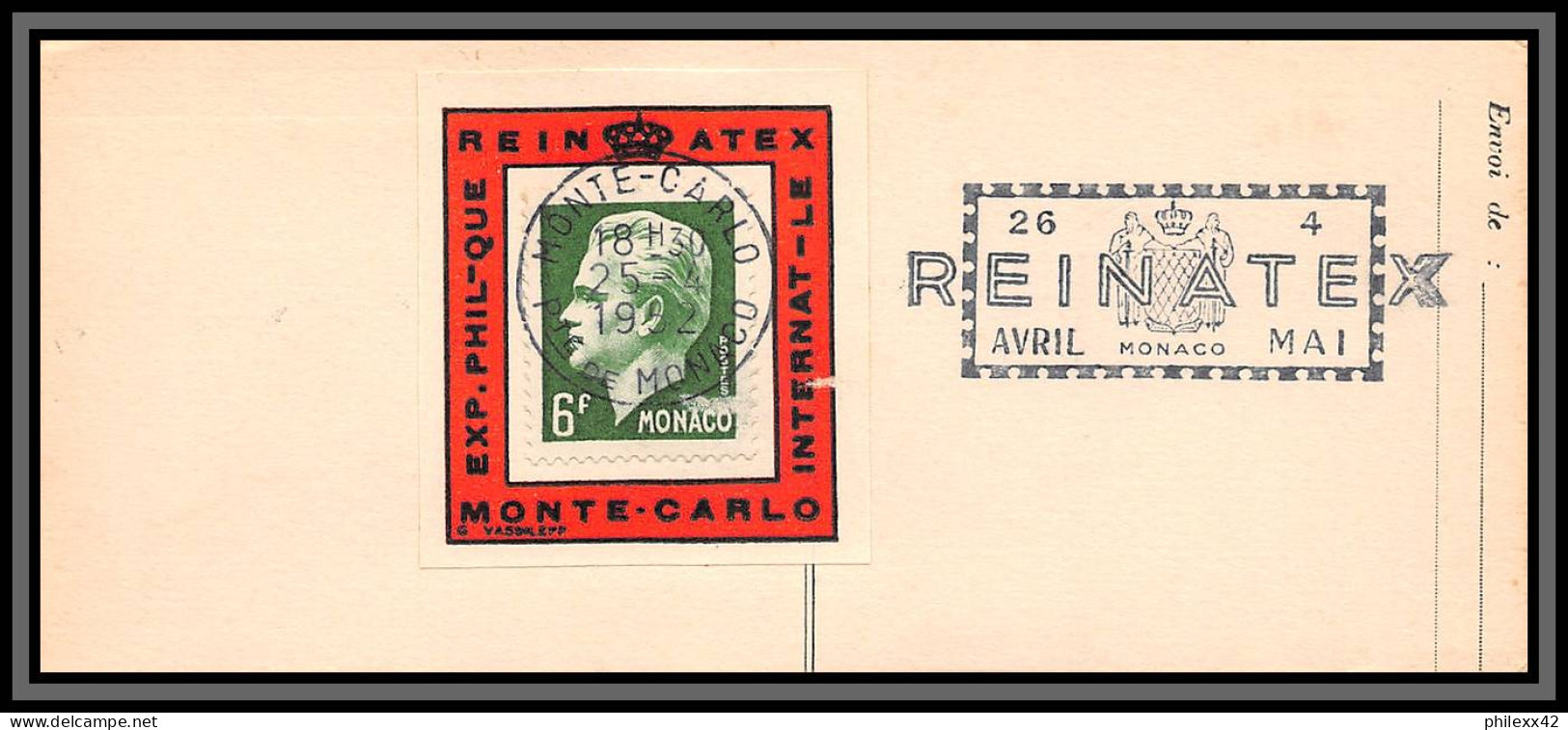 74941 N°365 Prince Raigner III Vignette REINATEX 1952 Porte Timbre Stamp Holder Lettre Cover Monaco Monte Carlo - Lettres & Documents