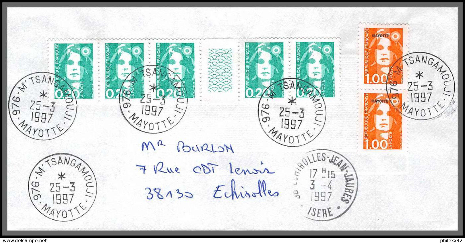74047 Mixte Marianne Bicentenaire 25/3/1997 M'tsangamouji Mayotte Echirolles Isère Lettre Cover Colonies  - Covers & Documents