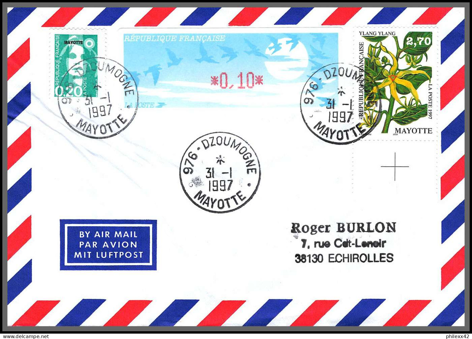 74099 Mixte Atm Marianne Bicentenaire 31/1/1997 Dzoumogne Mayotte Echirolles Isère Lettre Cover Colonies  - Brieven En Documenten