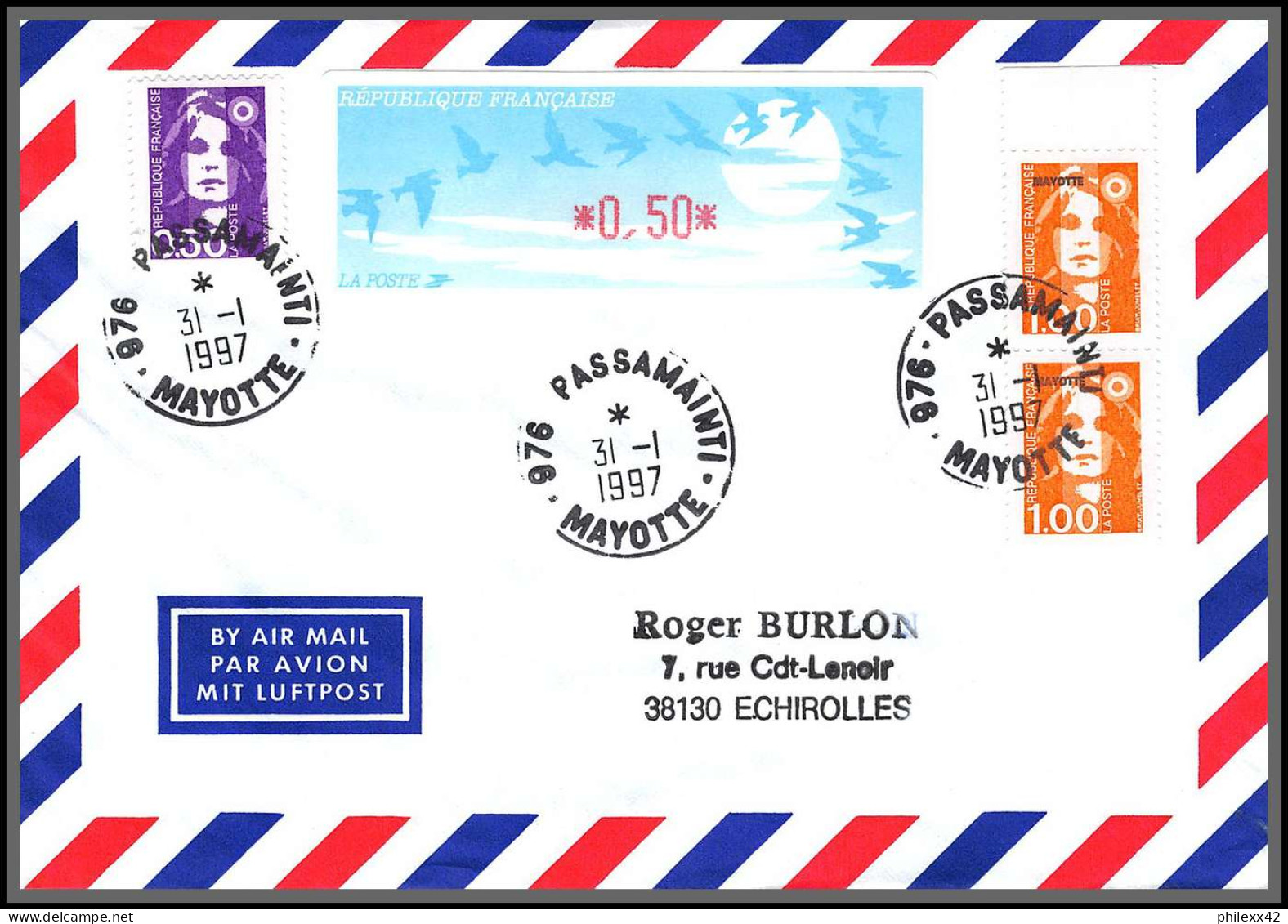 74130 Mixte Atm Marianne Bicentenaire 31/1/1997 Passamainti Mayotte Echirolles Isère Lettre Cover Colonies  - Lettres & Documents