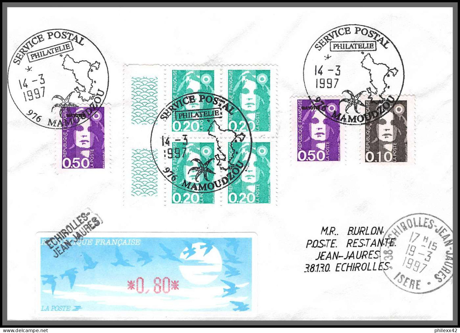 74135 Mixte Atm Marianne Bicentenaire 1997 Mamoudzou Mayotte Griffe Echirolles Isère Lettre Cover Colonies  - Covers & Documents