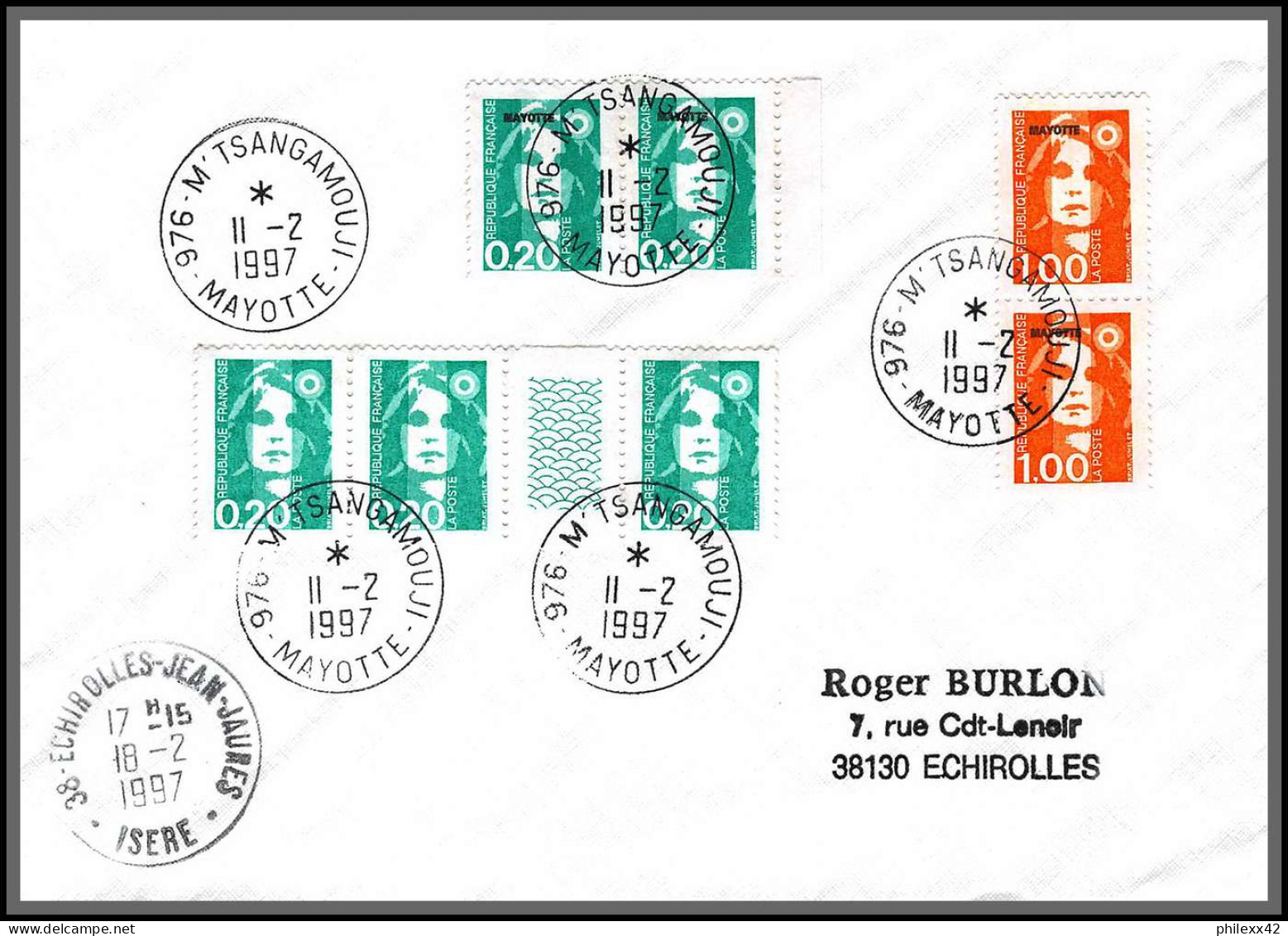 74144 Mixte Marianne Bicentenaire 11/2/1997 M'tsangamouji Mayotte Echirolles Isère Lettre Cover Colonies  - Storia Postale