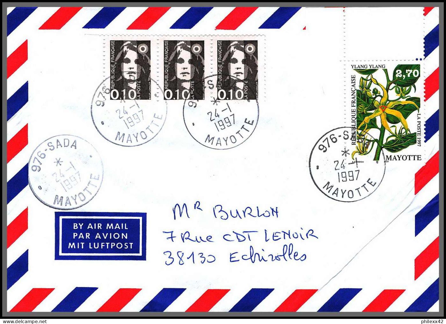 74184 Mixte Marianne Bicentenaire 24/1/1997 Sada Mayotte Echirolles Isère Lettre Cover Colonies  - Briefe U. Dokumente