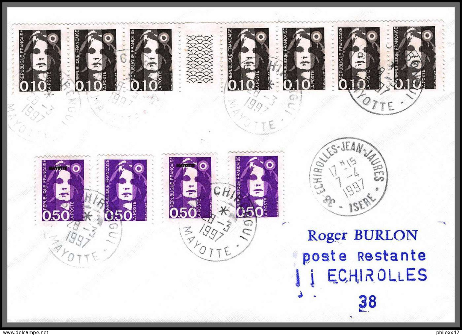 74167 Mixte Marianne Bicentenaire 28/3/1997 Chirongui Mayotte Echirolles Isère Lettre Cover Colonies  - Cartas & Documentos