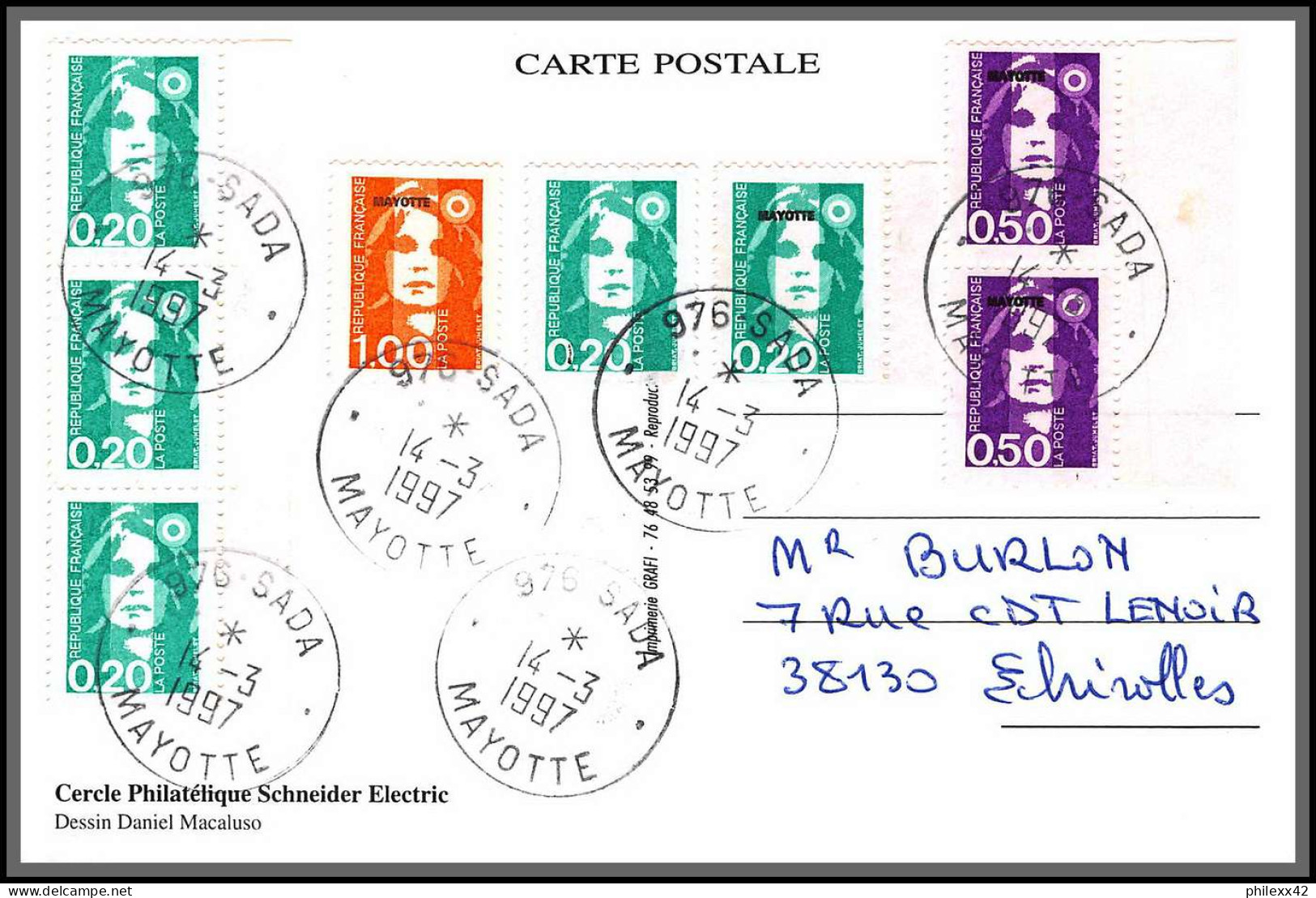 74234 Mixte Marianne Bicentenaire 14/3/1997 Sada Mayotte Echirolles Isère France Carte Postcard Colonies - Brieven En Documenten