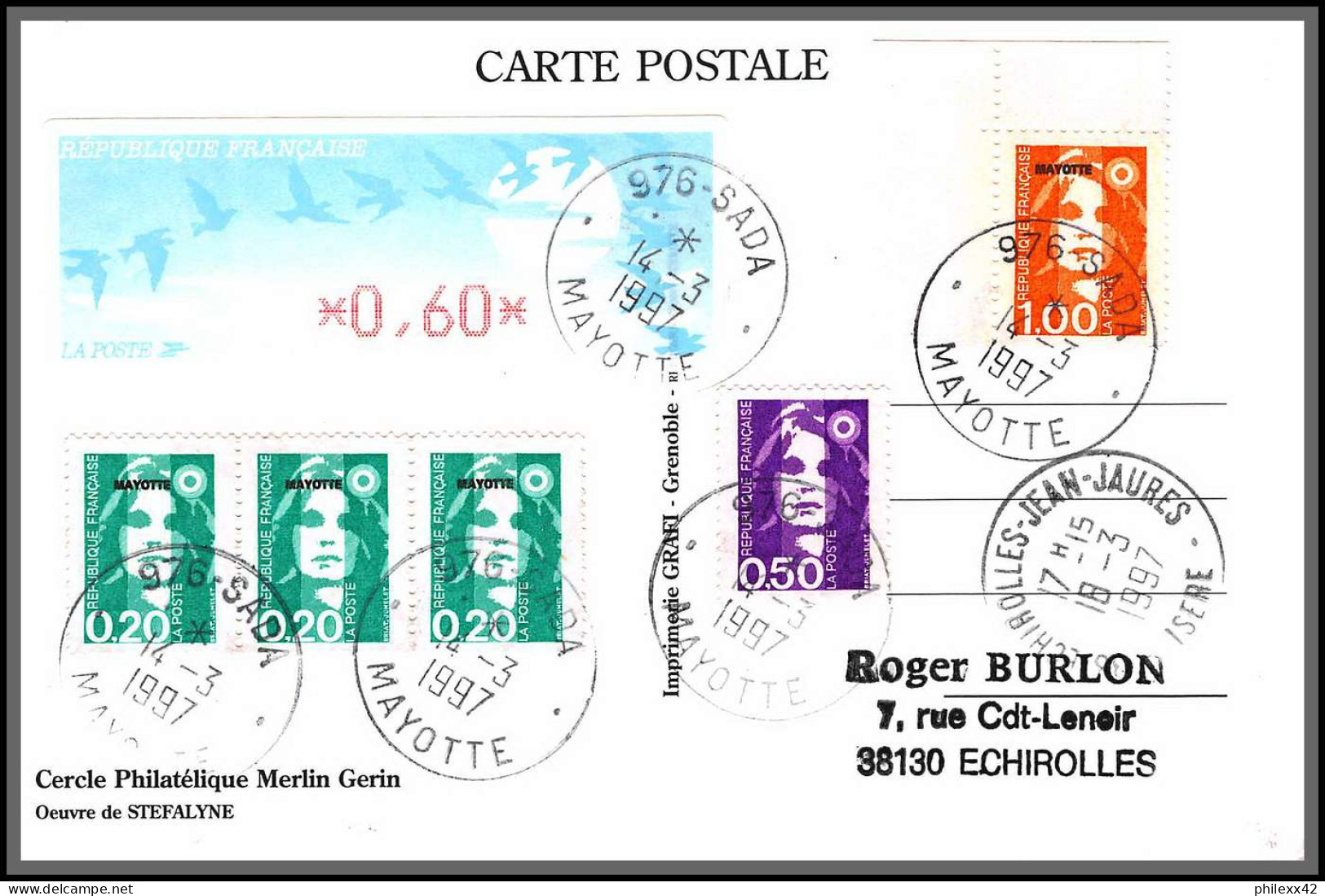 74252 Mixte Atm Briat 14/3/1997 Sada Mayotte Echirolles Isère France Carte Postcard Colonies - Briefe U. Dokumente