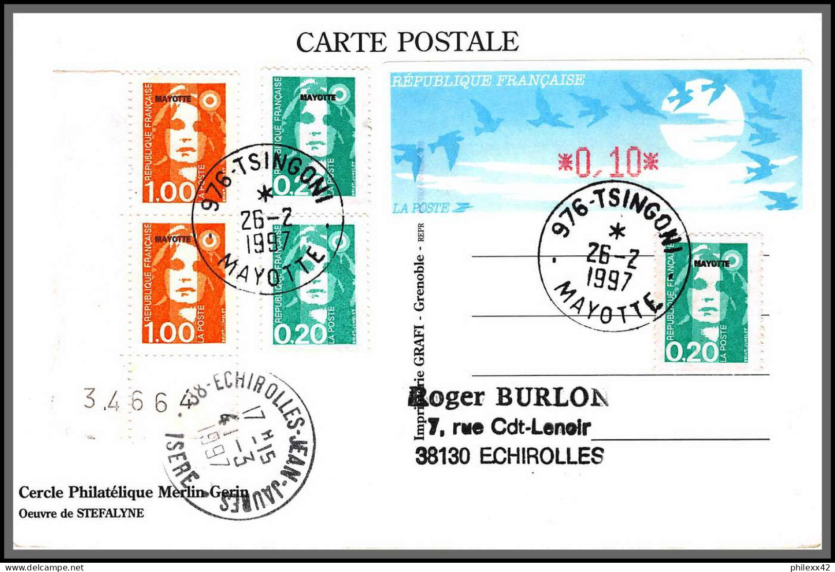 74256 Mixte Atm Briat 26/2/1997 Tsingoni Mayotte Echirolles Isère France Carte Postcard Colonies - Brieven En Documenten