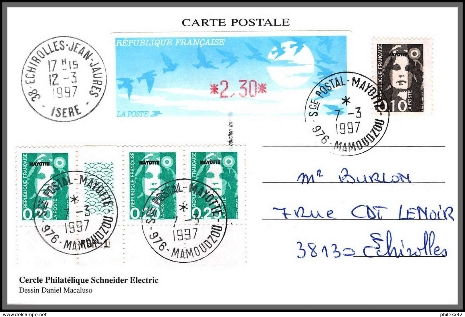 74257 Mixte Atm Briat 12/3/1997 Mamoudzou Mayotte Echirolles Isère France Carte Postcard Colonies  - Brieven En Documenten