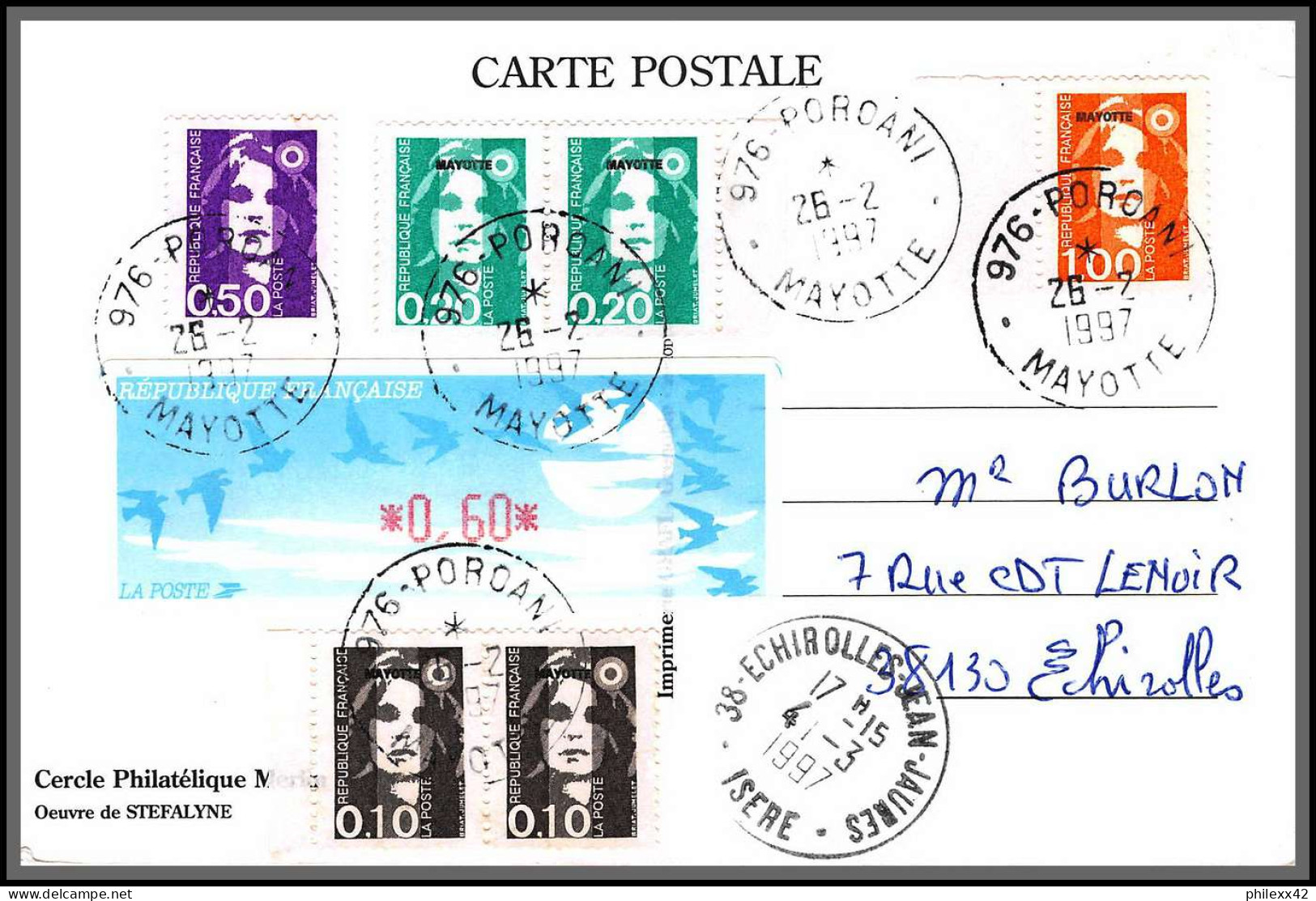 74261 Mixte Atm Briat 26/2/1997 Poroani Mayotte Echirolles Isère France Carte Postcard Colonies  - Lettres & Documents