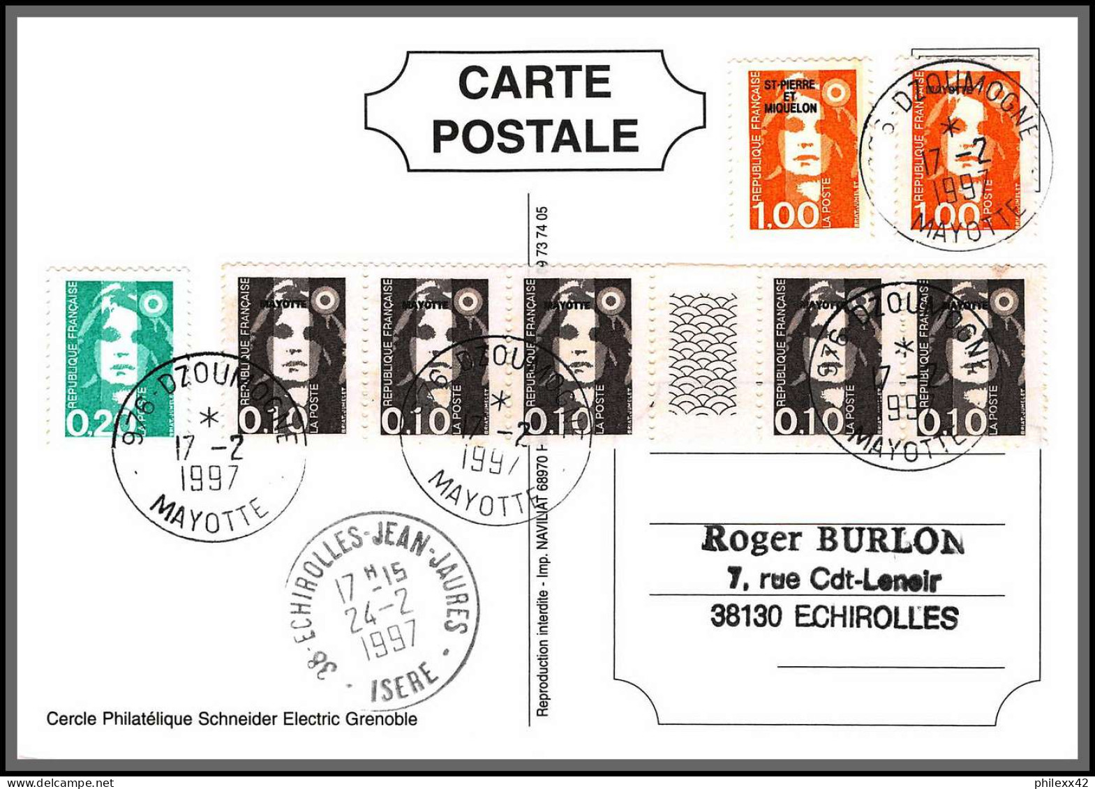 74276 Mixte Marianne Bicentenaire 17/2/1997 Dzoumogne Mayotte Echirolles Isère France Carte Postcard Colonies - Storia Postale