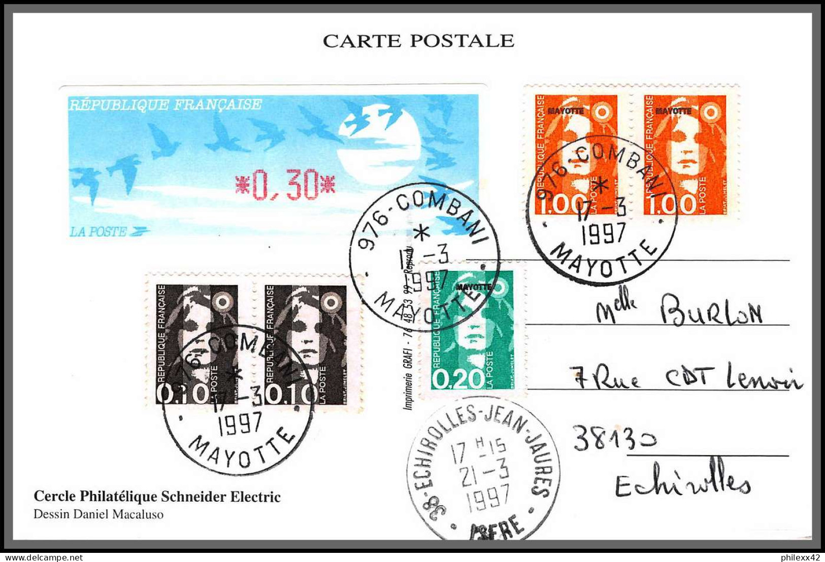 74321 Mixte Atm Briat 17/3/1997 Combani Mayotte Echirolles Isère France Carte Postcard Colonies  - Briefe U. Dokumente