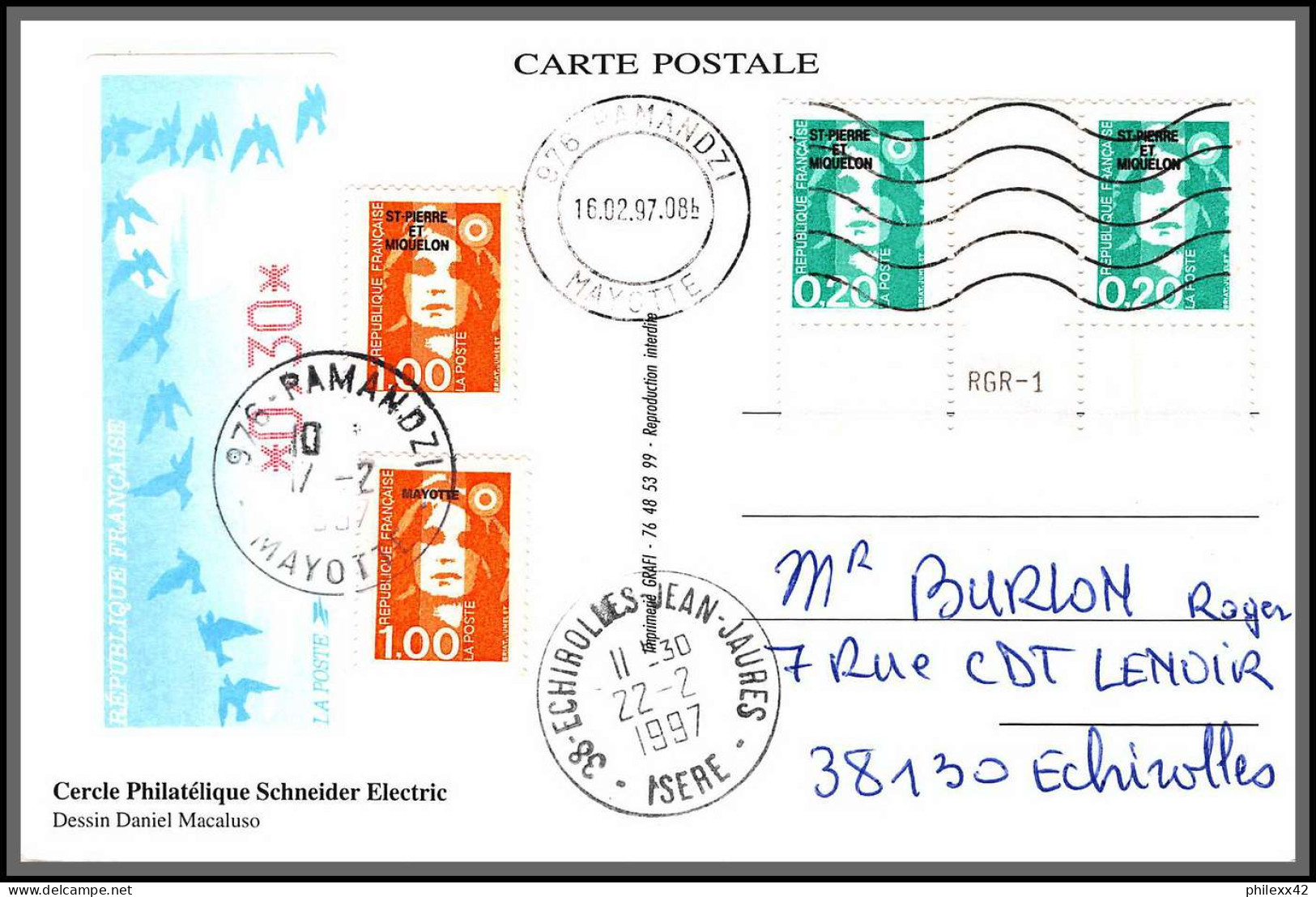 74323 Mixte Atm Briat 16/2/1997 Pamandzi Mayotte Echirolles Isère France Carte Postcard Colonies - Lettres & Documents