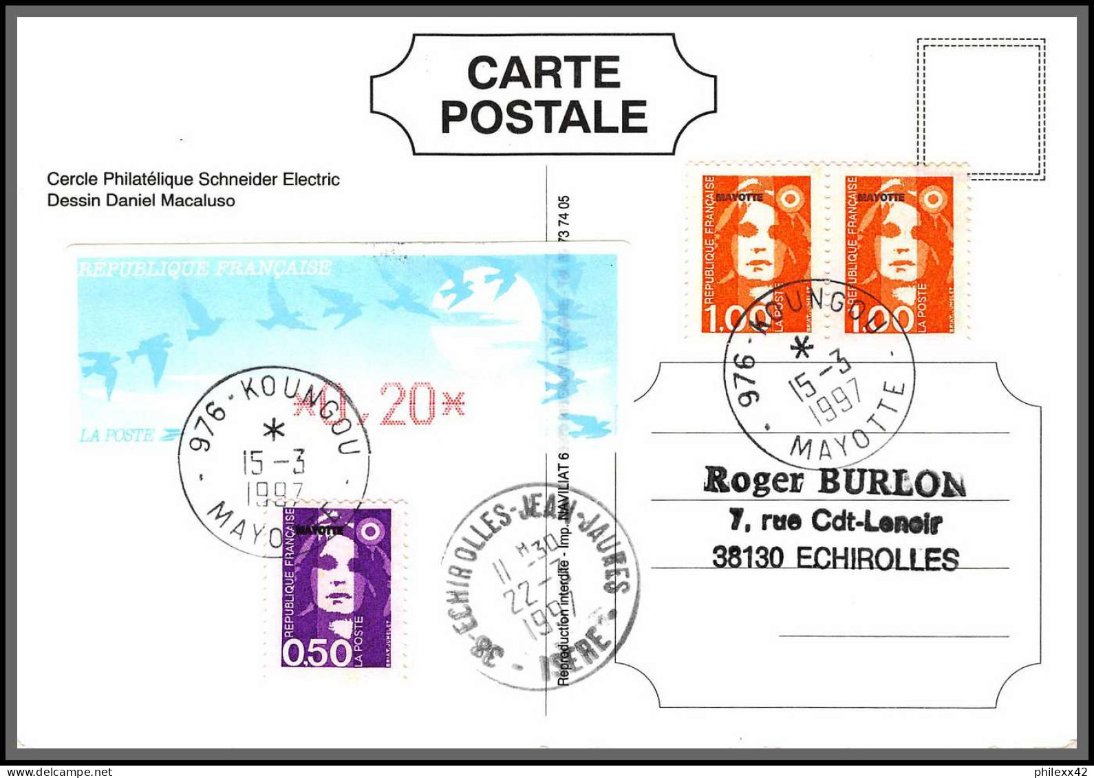 74324 Mixte Atm Briat 15/3/1997 Koungou Mayotte Echirolles Isère France Carte Postcard Colonies  - Cartas & Documentos
