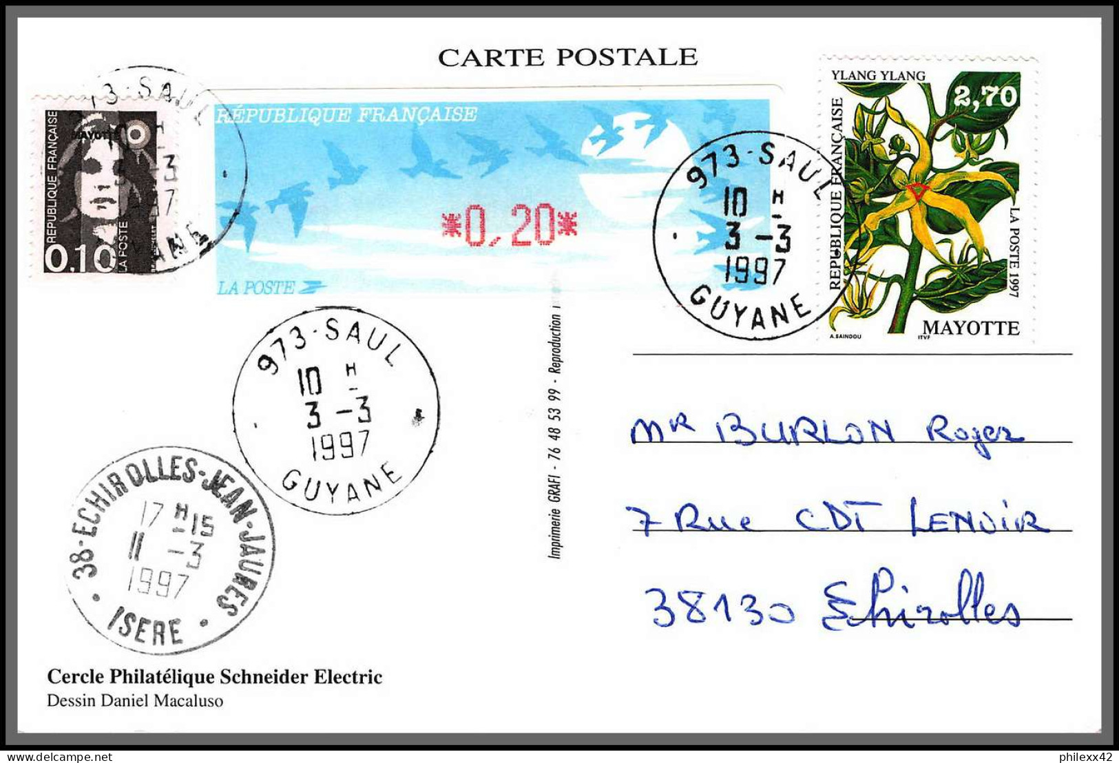 74328 Mixte Atm Briat 3/3/1997 Saul Guyane Echirolles Isère France Carte Postcard Colonies Seyssin - Covers & Documents