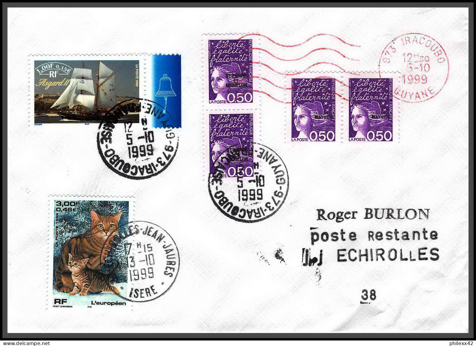 74413 Mixte Luquet Mayotte St Pierre 6/10/1999 Iracoubo Guyane Echirolles Isère Lettre Cover Colonies - 1997-2004 Marianna Del 14 Luglio