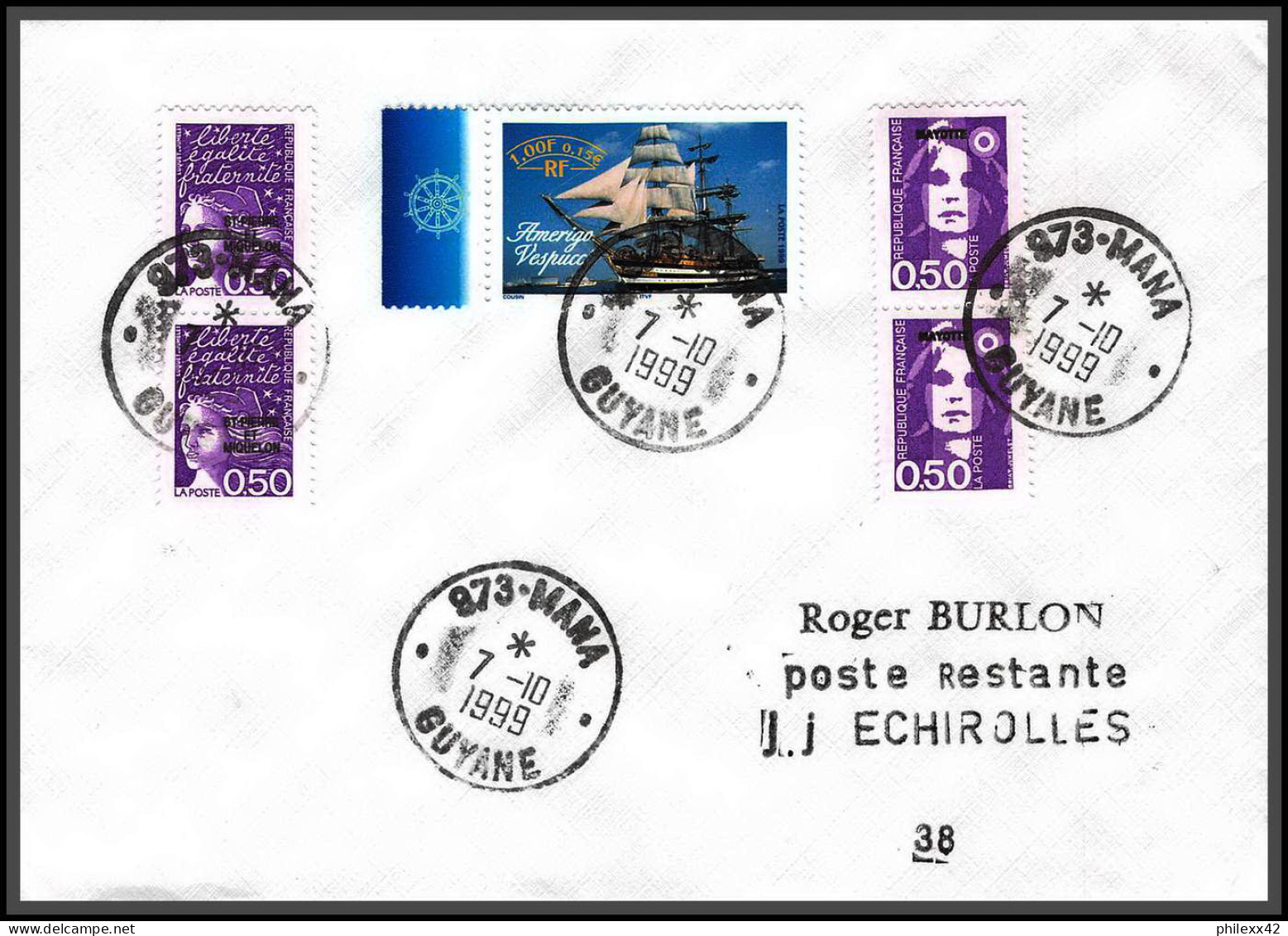 74412 Mixte Briat Luquet Mayotte St Pierre 7/10/1999 Mana Guyane Echirolles Isère Lettre Cover Colonies - 1997-2004 Marianne Du 14 Juillet