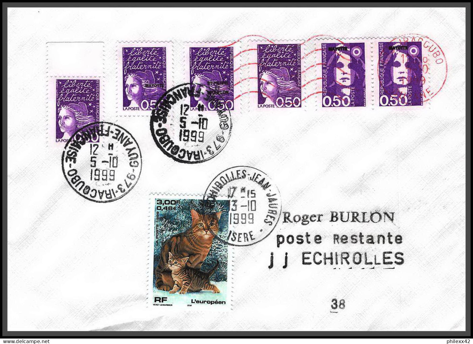 74422 Mixte Briat Luquet Mayotte St Pierre 5/10/1999 Iracoubo Guyane Echirolles Isère Lettre Cover Colonies - 1997-2004 Marianne Of July 14th