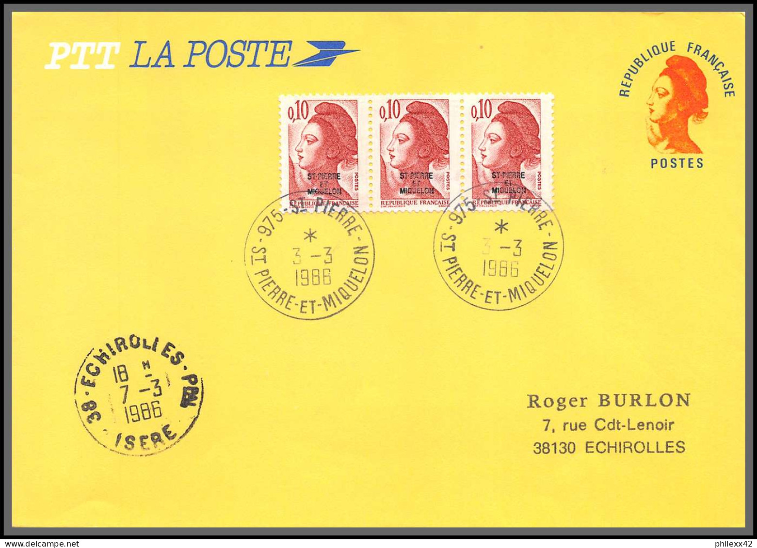 74565 3/3/1986 Saint Pierre Et Miquelon Mixte Echirolles Isère Entier Liberté Stationery Complément - Brieven En Documenten