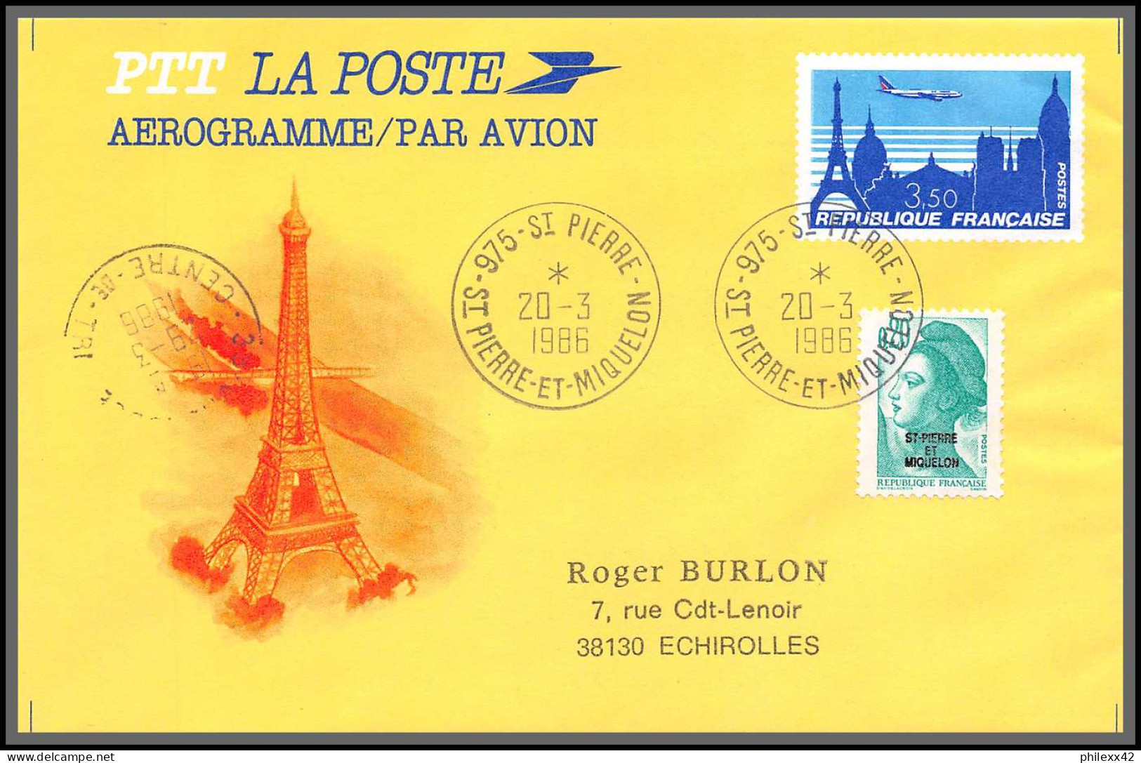 74611 20/3/1986 Saint Pierre Et Miquelon Mixte Echirolles Isère Entier Avion Survolant Paris Stationery Complément - Covers & Documents
