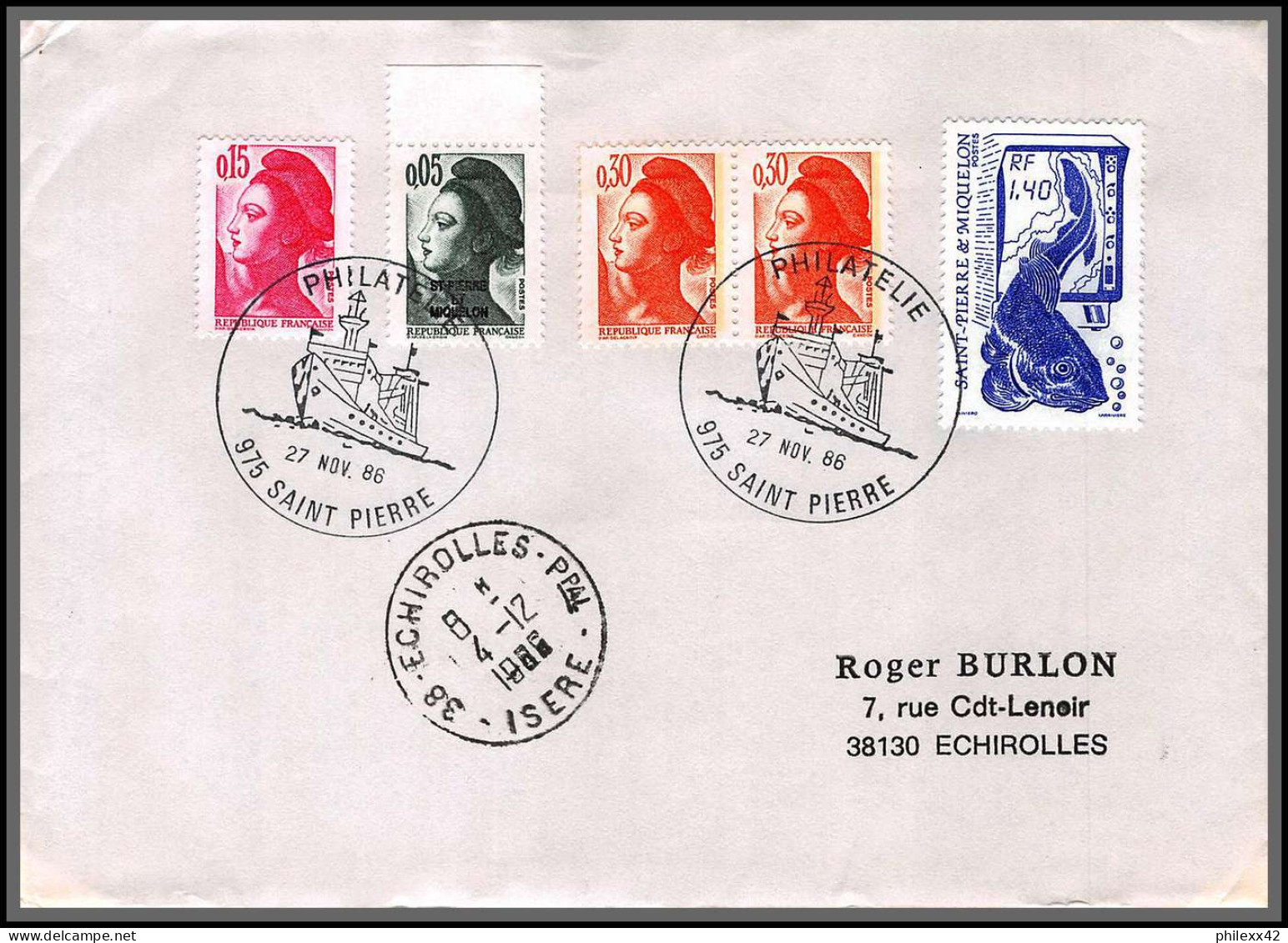 74657 27/11/1986 Liberté Saint Pierre Et Miquelon Mixte Echirolles Isère Lettre Cover Colonies - Briefe U. Dokumente