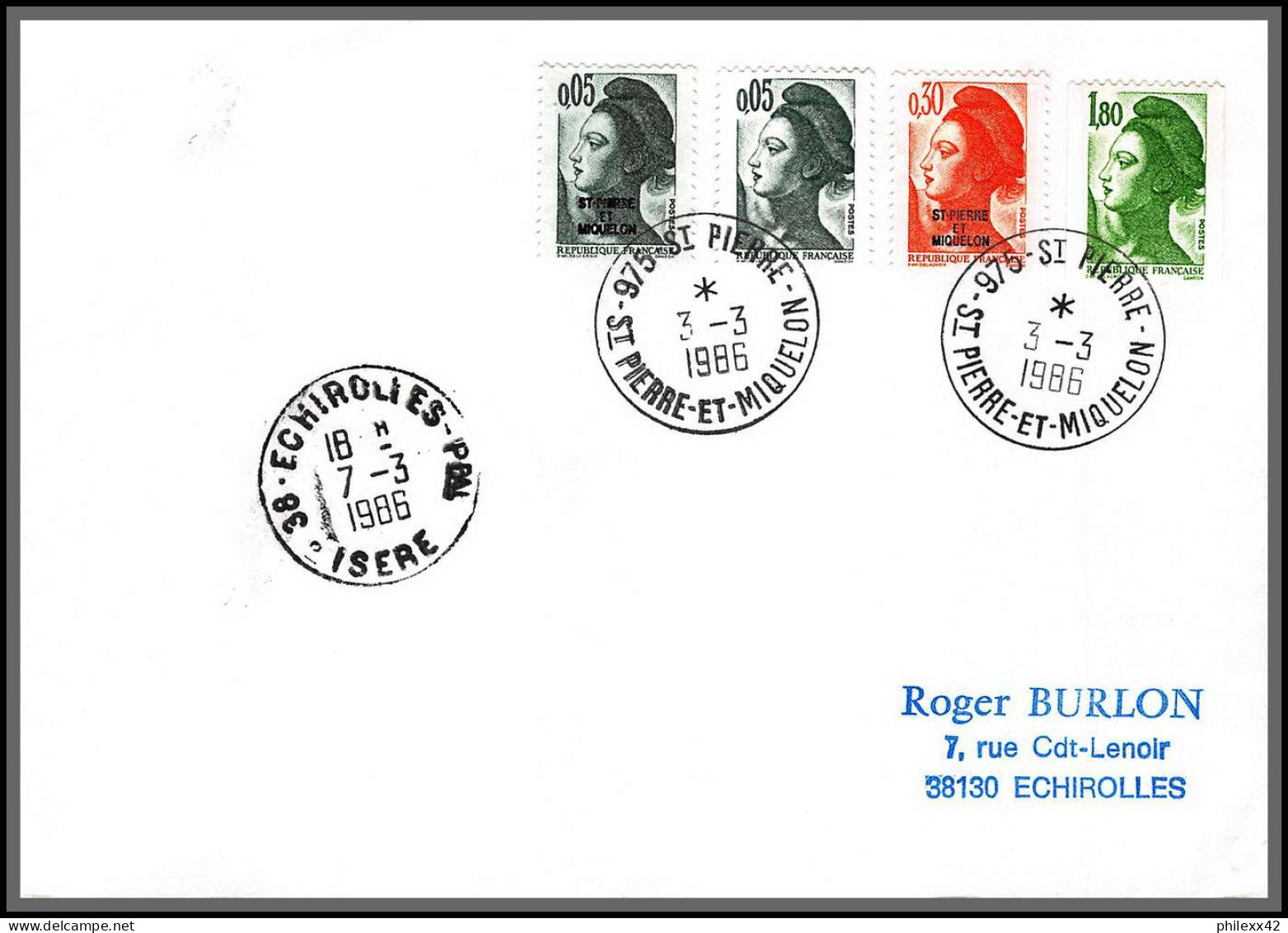 74676 7/3/1986 Liberté Saint Pierre Et Miquelon Mixte Echirolles Isère Lettre Cover - Lettres & Documents