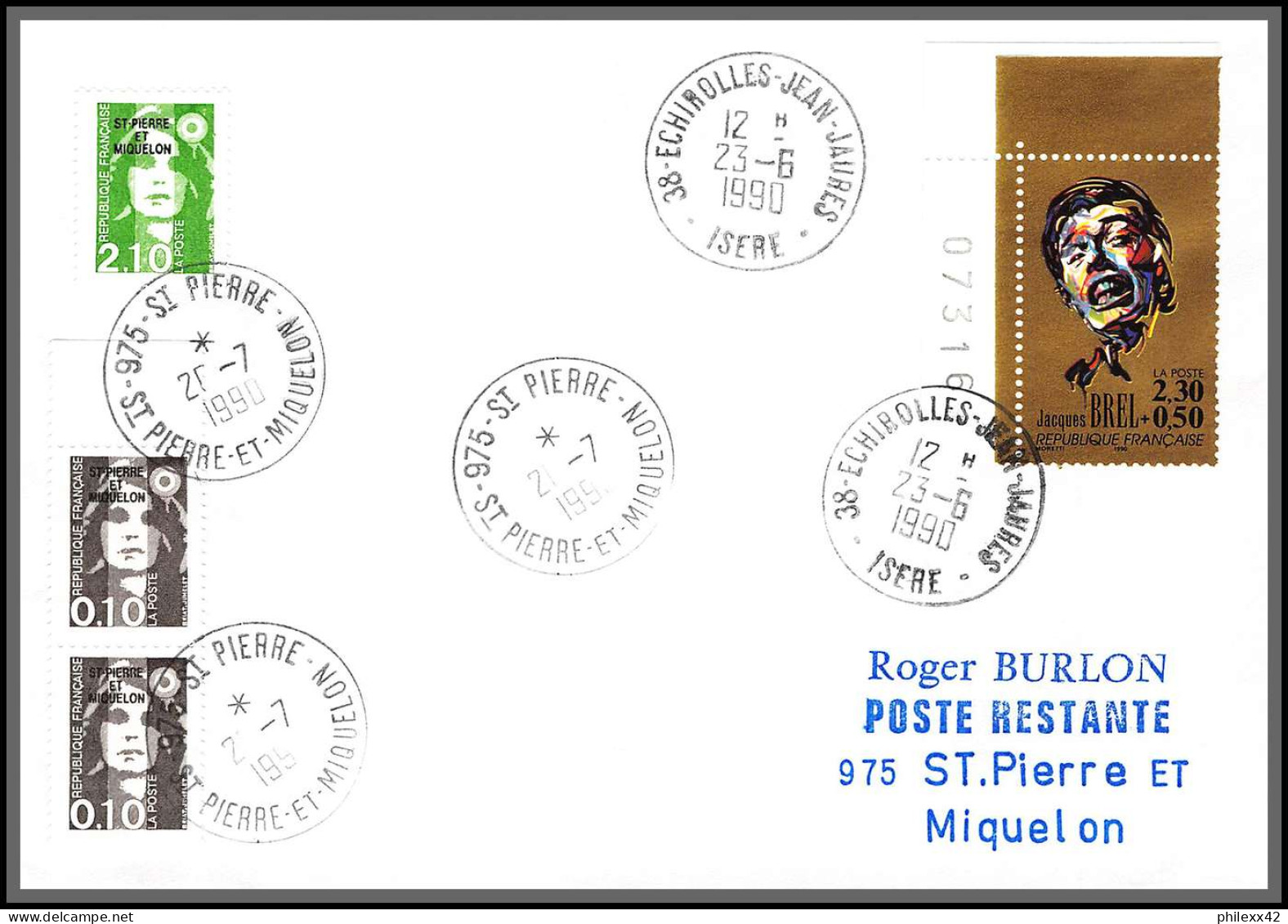 74851 Locale 23/6/1990 N°2653 Brel Briat Saint Pierre Et Miquelon Mixte Echirolles Isère Lettre Cover - Briefe U. Dokumente