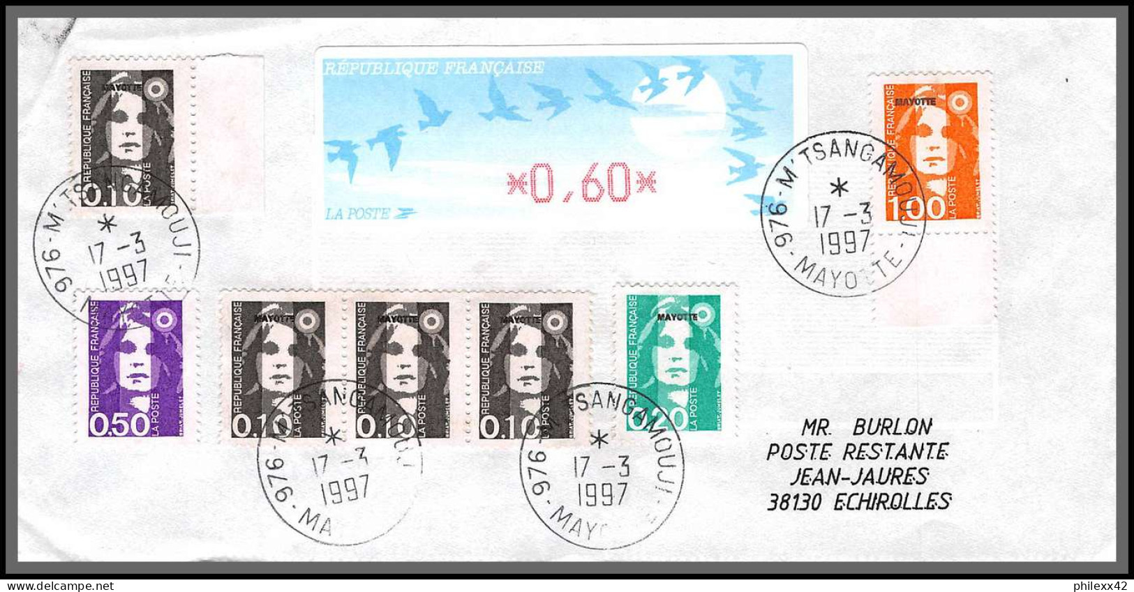 74027 Mixte Marianne Bicentenaire 17/3/1997 M'tsangamouji Mayotte Echirolles Isère Lettre Cover Colonies  - Briefe U. Dokumente