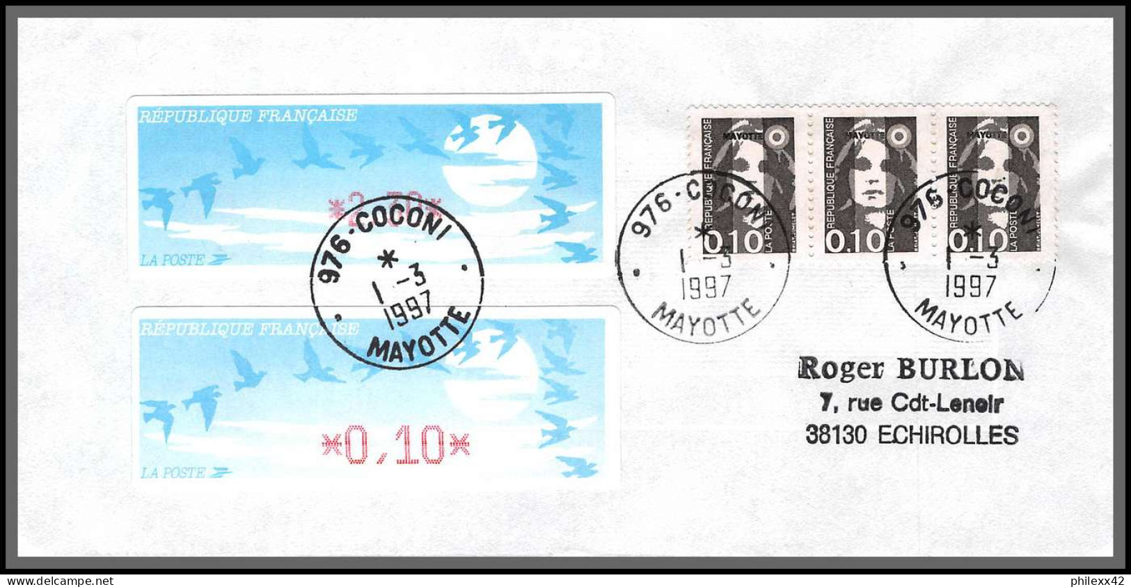 74032 Mixte Atm Marianne Bicentenaire 1/3/1997 Coconi Mayotte Echirolles Isère Lettre Cover Colonies  - Lettres & Documents