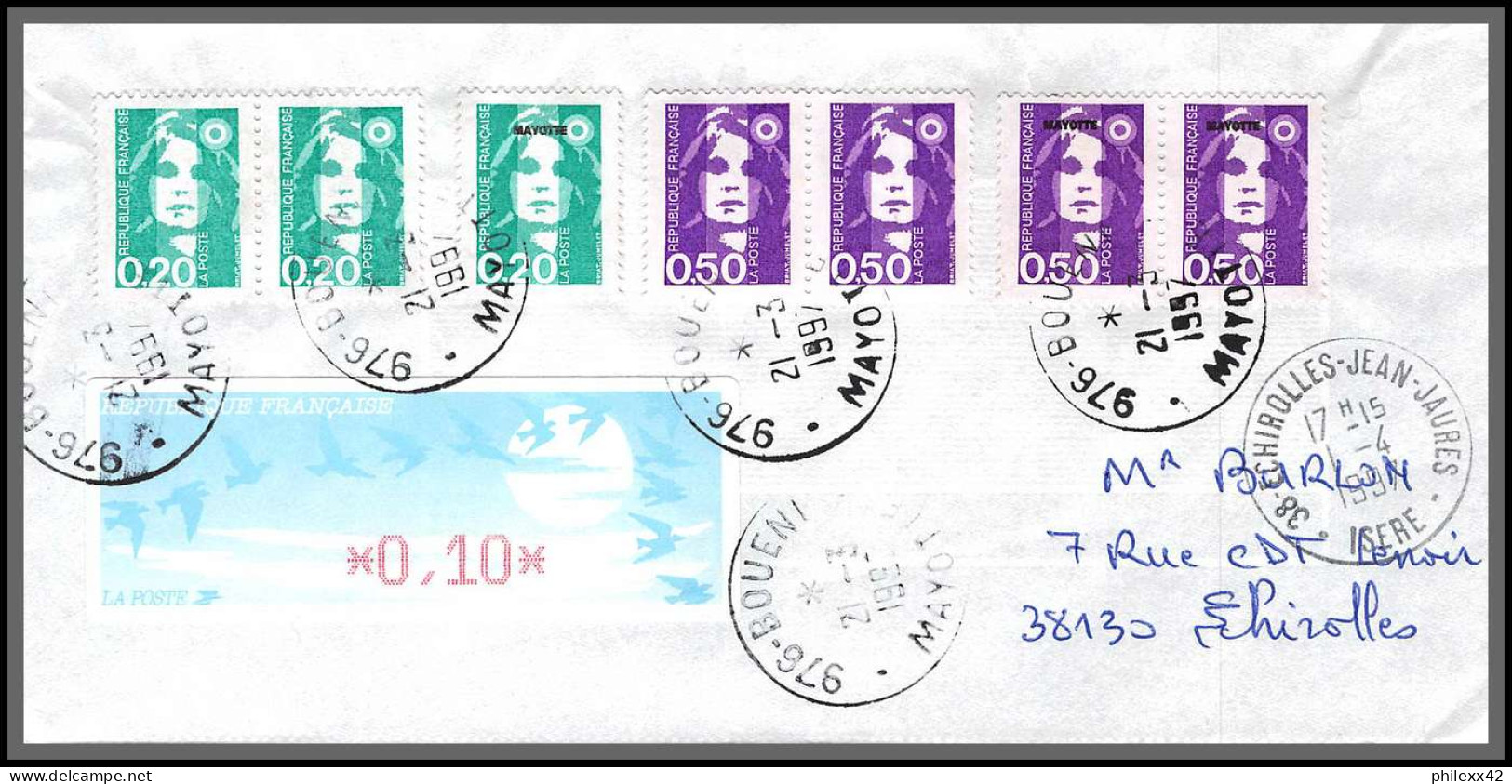 74070 Mixte Atm Marianne Bicentenaire 12/3/1997 Bouéni Mayotte Echirolles Isère Lettre Cover Colonies  - Covers & Documents