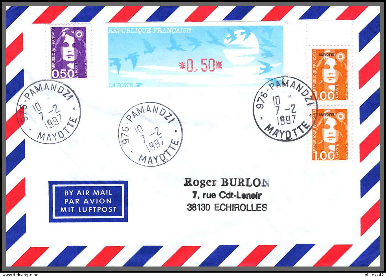 74131 Mixte Atm Marianne Bicentenaire 7/2/1997 Pamandzi Mayotte Echirolles Isère Lettre Cover Colonies  - Briefe U. Dokumente