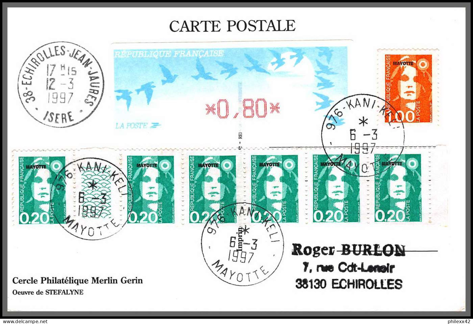 74230 Mixte Atm Briat 6/3/1997 Kani-Kéli Mayotte Echirolles Isère France Carte Postcard Colonies - Storia Postale