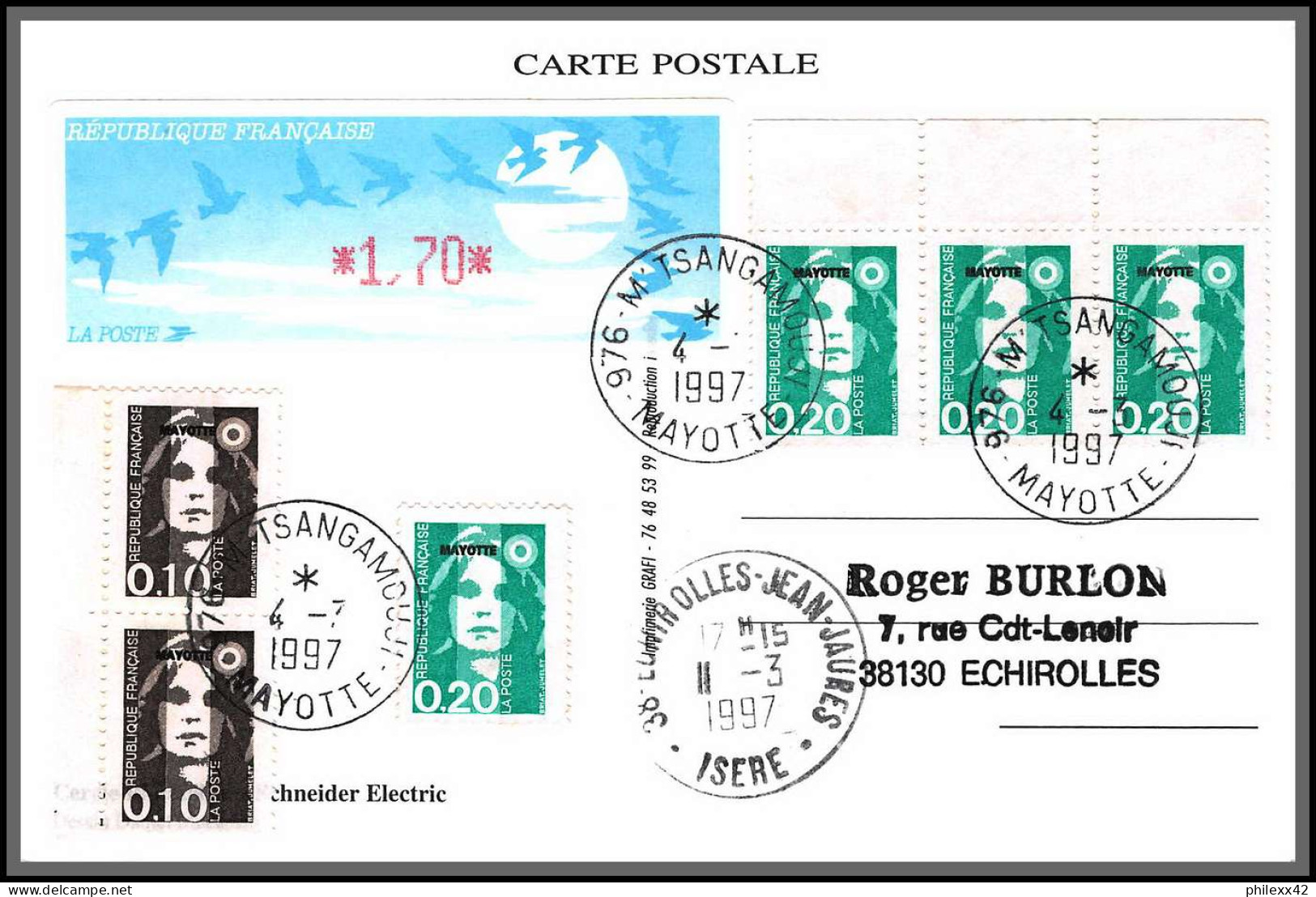 74241 Mixte Atm Briat 4/3/1997 M'tsangamouji Mayotte Echirolles Isère France Carte Postcard Colonies - Covers & Documents