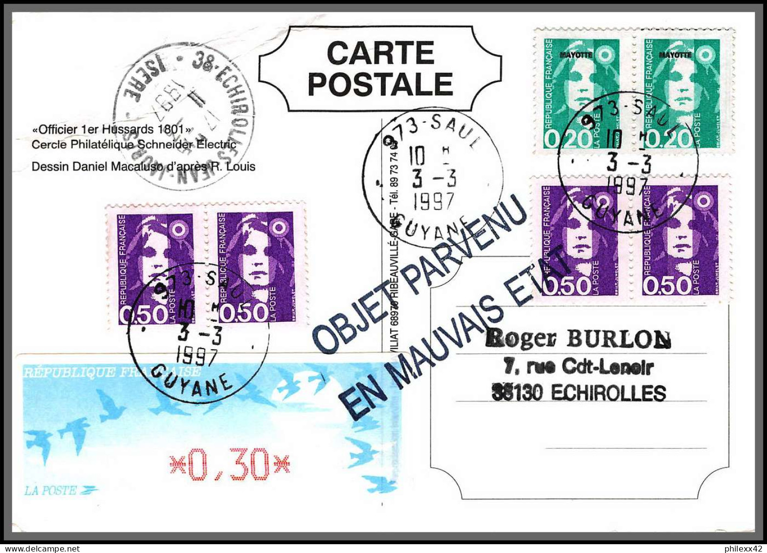 74333 Mixte Atm Briat Objet Parvenu En Mauvais état 3/3/1997 Saul Guyane Echirolles Isère France Lettre - 1997-2004 Marianne (14. Juli)