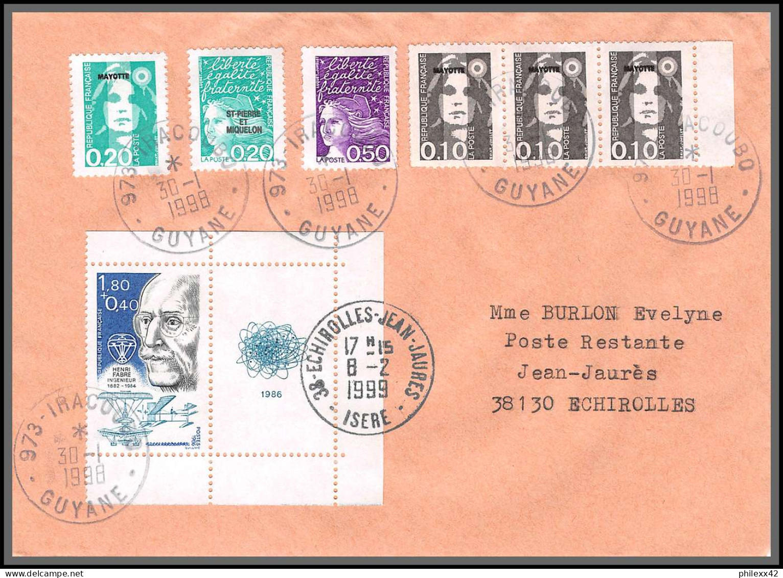 74465 Mixte Briat Luquet Mayotte St Pierre 30/1/1998 Iracoubo Griffe Guyane Echirolles Isère Lettre Cover Colonies - 1989-1996 Bicentenial Marianne