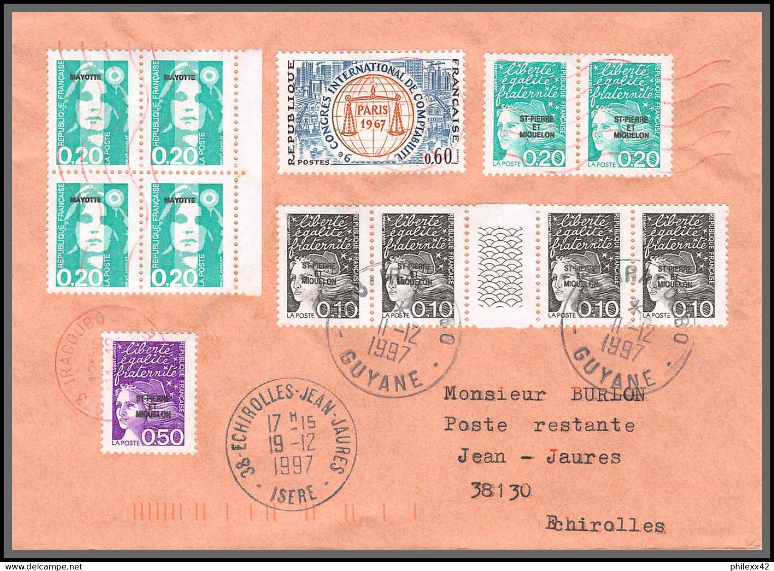 74486 Mixte Briat Luquet Mayotte St Pierre 11/12/1997 Iracoubo Guyane Echirolles Isère Lettre Cover Colonies - 1997-2004 Marianne Of July 14th