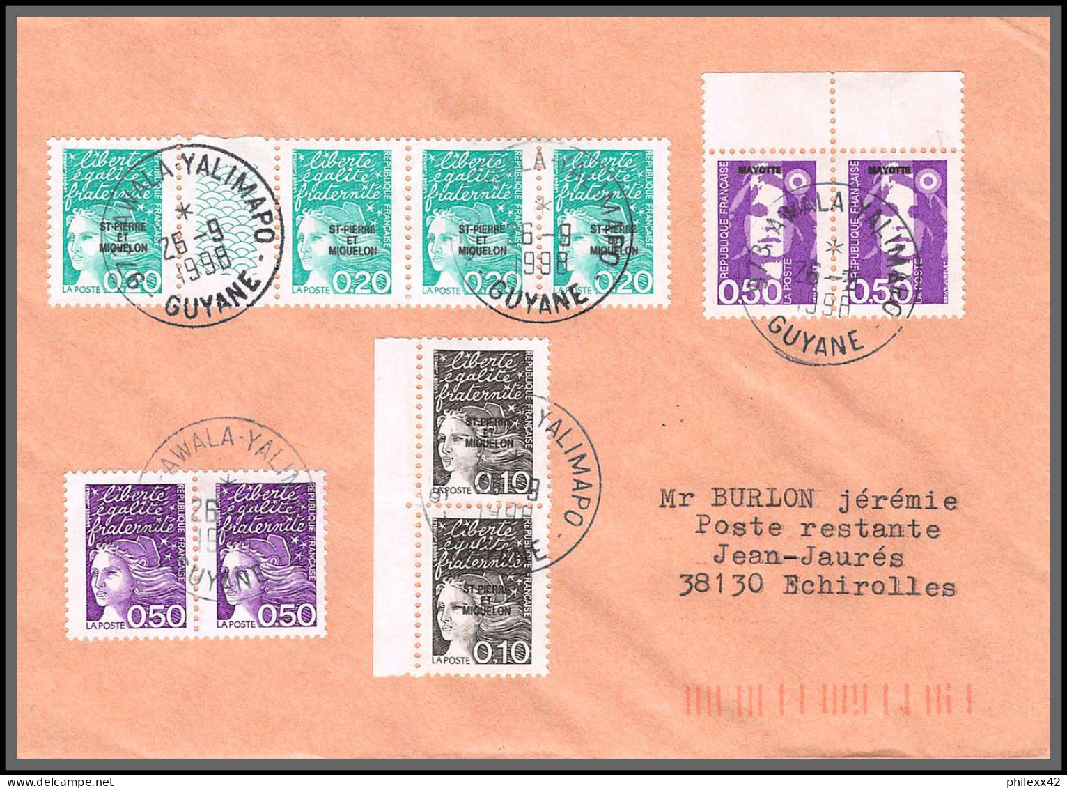 74507 Mixte Briat Luquet Mayotte St Pierre 26/9/1998 Awala-Yalimapo Griffe Guyane Echirolles Isère Lettre Cover Colonies - 1997-2004 Marianna Del 14 Luglio