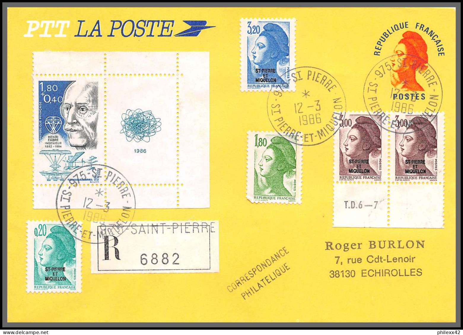 74561 Recommandé 12/3/1986 Saint Pierre Et Miquelon Mixte Echirolles Isère Entier Liberté Stationery Complément - Covers & Documents