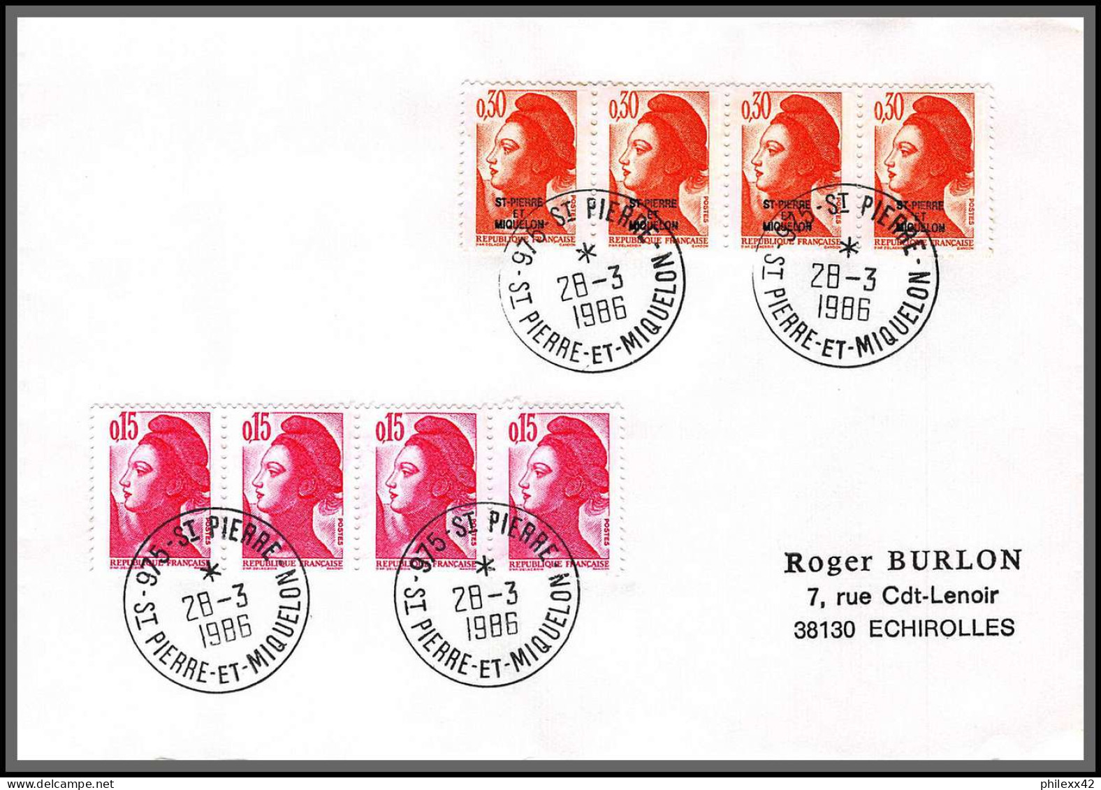 74656 28/3/1986 Liberté Saint Pierre Et Miquelon Mixte Echirolles Isère Lettre Cover Colonies - Storia Postale