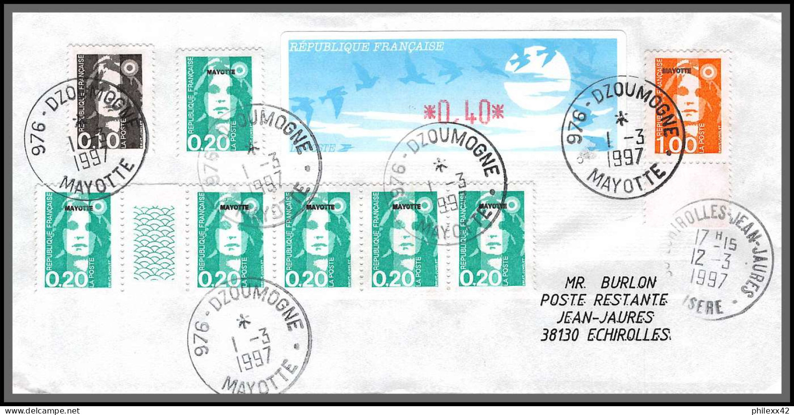 74039 Mixte Atm Marianne Bicentenaire 12/3/1997 Dzoumogne Mayotte Echirolles Isère Lettre Cover Colonies  - Briefe U. Dokumente