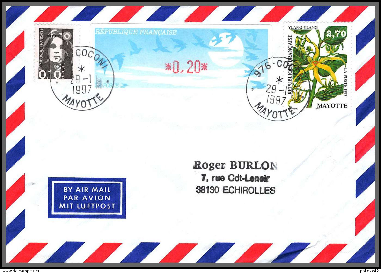 74092 Mixte Atm Marianne Bicentenaire 29/1/1997 Coconi Mayotte Echirolles Isère Lettre Cover Colonies  - Briefe U. Dokumente