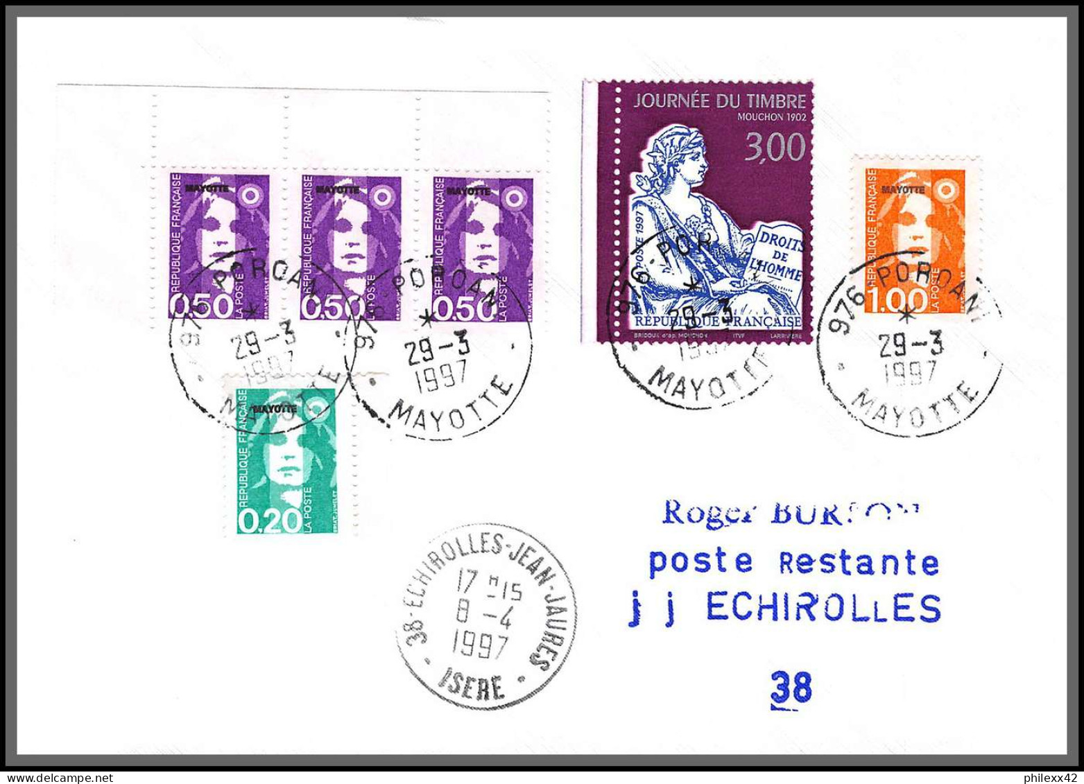 74101 Mixte Marianne Bicentenaire 29/3/1997 Poroani Mayotte Echirolles Isère Lettre Cover Colonies  - Cartas & Documentos